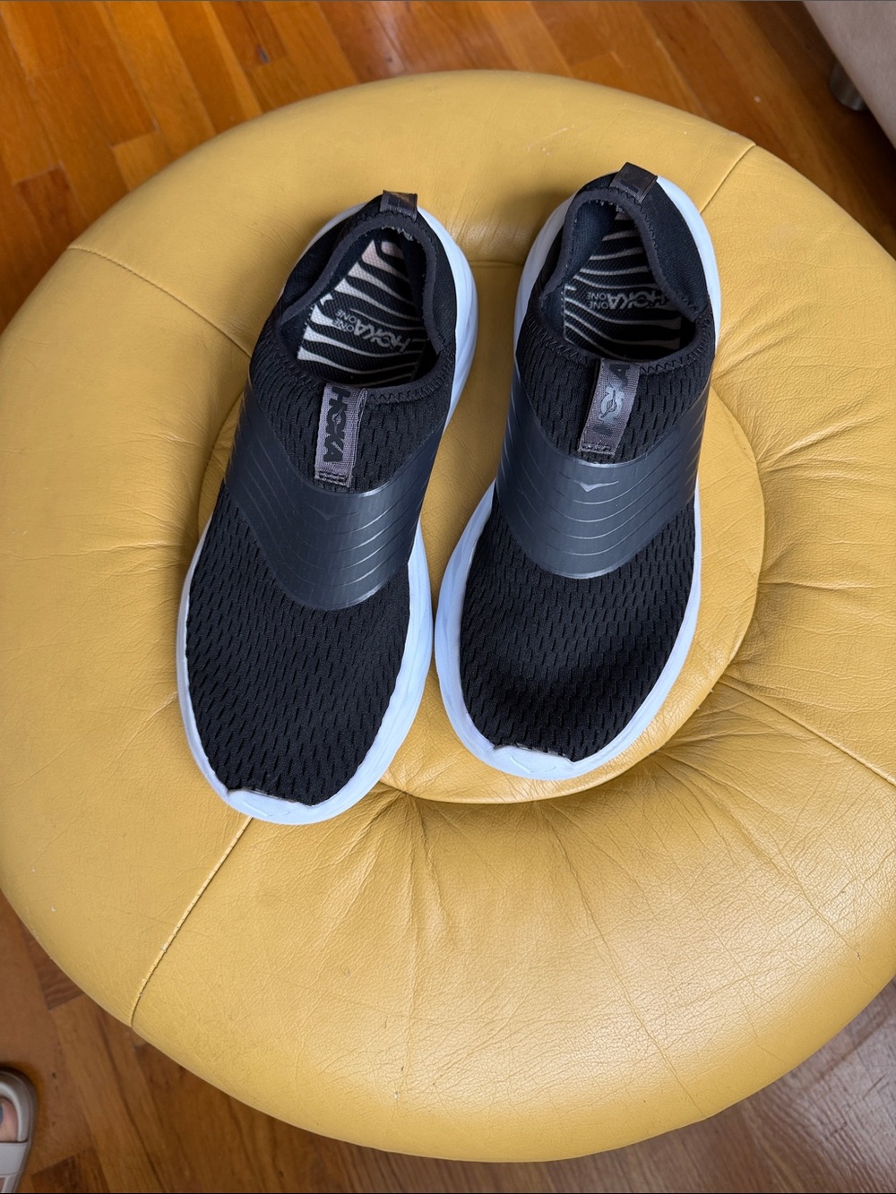 Hoka One One Black Slip-On Mesh Sneakers with White Soles
